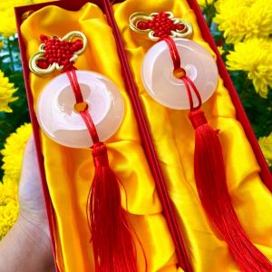 Dây móc treo trang trí xe ôtô, xe hơi, móc khóa hình đồng tiền đồng điếu phong thủy đá ngọc Onyx
