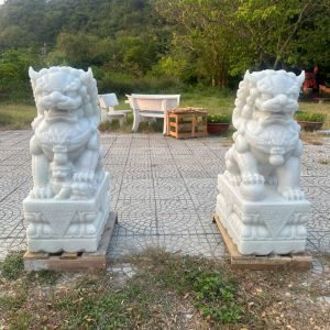 Cặp Kỳ Lân phong thủy gác cổng đá cẩm thạch trắng - Cao 90 cm