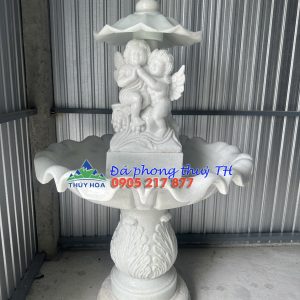Tháp bi nước - Đài phun nước thiên thần đá trắng trang trí nhà, sân vườn - Cao 1,8 m