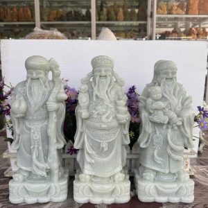 Bộ tượng Tam Đa Phúc Lộc Thọ phong thủy đá cẩm thạch trắng xanh - Cao 30 cm