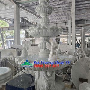 Thác nước phong thủy, đài phun nước đá trắng trang trí sân vườn, hồ cá - Cao 3m