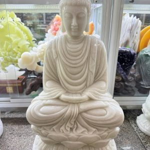 Tượng Phật Thích Ca Mâu Ni ngồi đài sen đá trắng - Cao 60 cm