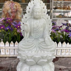 Tượng Phật A Di Đà, phật tổ như lai hào quang ngồi đài sen đá trắng xanh - Cao 30cm