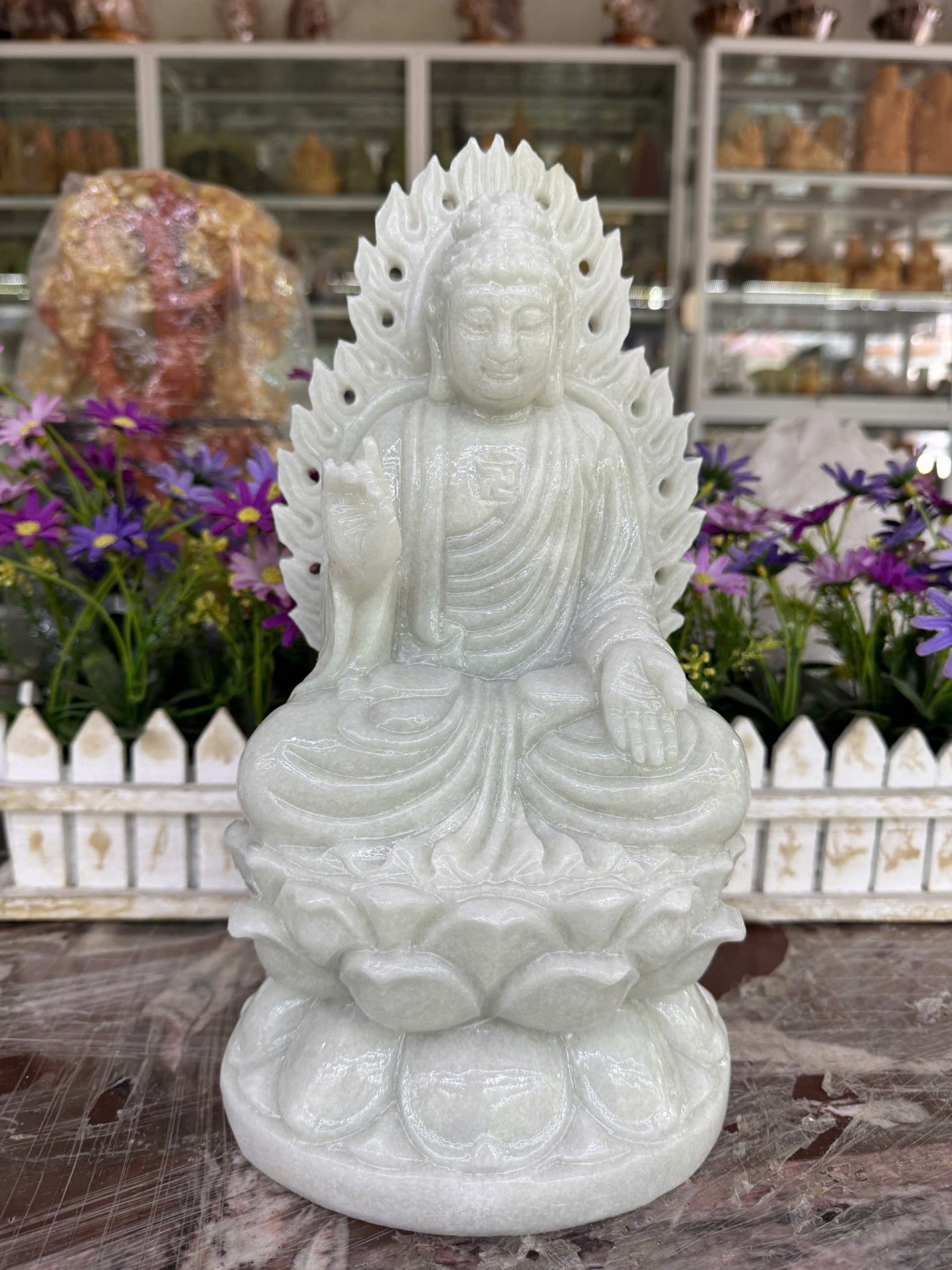 Tượng Phật A Di Đà, phật tổ như lai hào quang ngồi đài sen đá trắng xanh – Cao 30cm