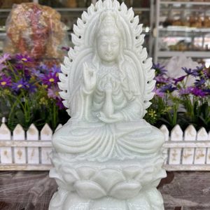 Tượng Phật Bà Quan Âm hào quang ngồi đài sen đá trắng xanh - Cao 30 cm