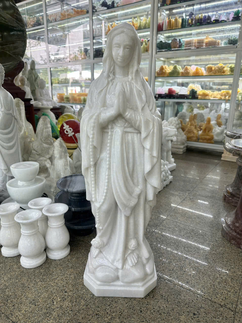 Tượng Chúa chấp tay, Đức Mẹ Maria đá cẩm thạch trắng – Cao 80 cm