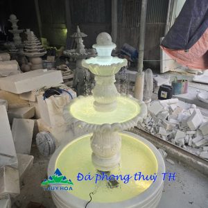 Thác nước, đài phun nước có hồ và đèn led đá trắng xám - Cao 1m95