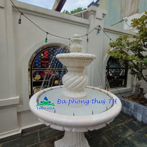 Thác nước, Đài phun nước phong thủy luân hồi đá trắng kem - Cao 1,8 m