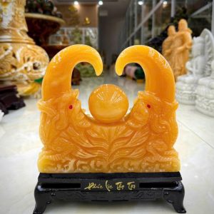 Tượng Song Long chầu ngọc đá ngọc hoàng long - Cao 19cm