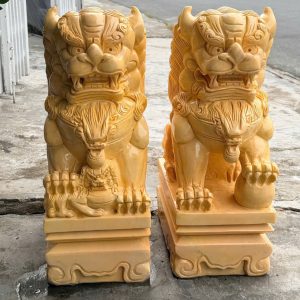 Cặp tượng Kỳ Lân phong thủy đá vàng cà rốt gác cổng, để mộ - Cao 60 cm