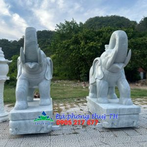 Cặp tượng voi phong thủy đá cẩm thạch trắng xám trang trí nhà cửa - Dài 2m