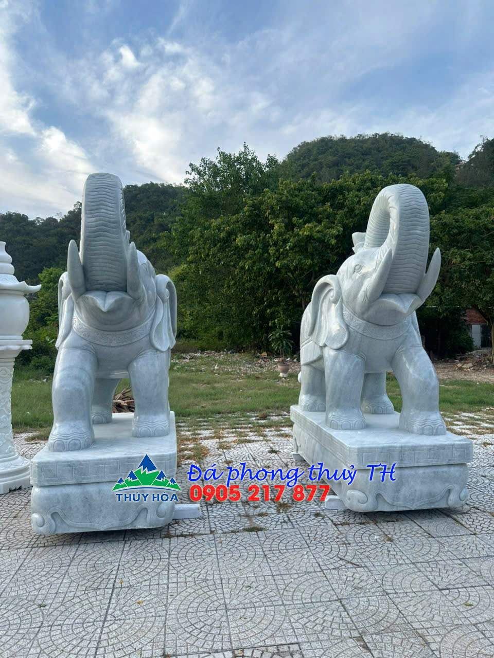 Cặp tượng voi phong thủy đá cẩm thạch trắng xám trang trí nhà cửa – Dài 2m