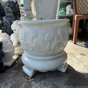 Lư hương, bát hương, bát nhang chạm hoa sen đặt bàn thờ, mộ đá trắng - Cao 40cm