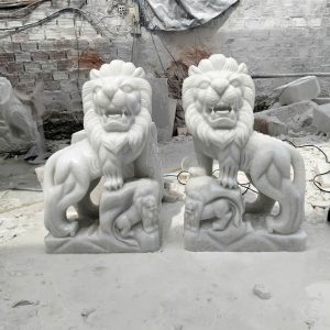 Cặp sư tử phong thủy đá cẩm thạch trắng để Cổng - Cao 60cm