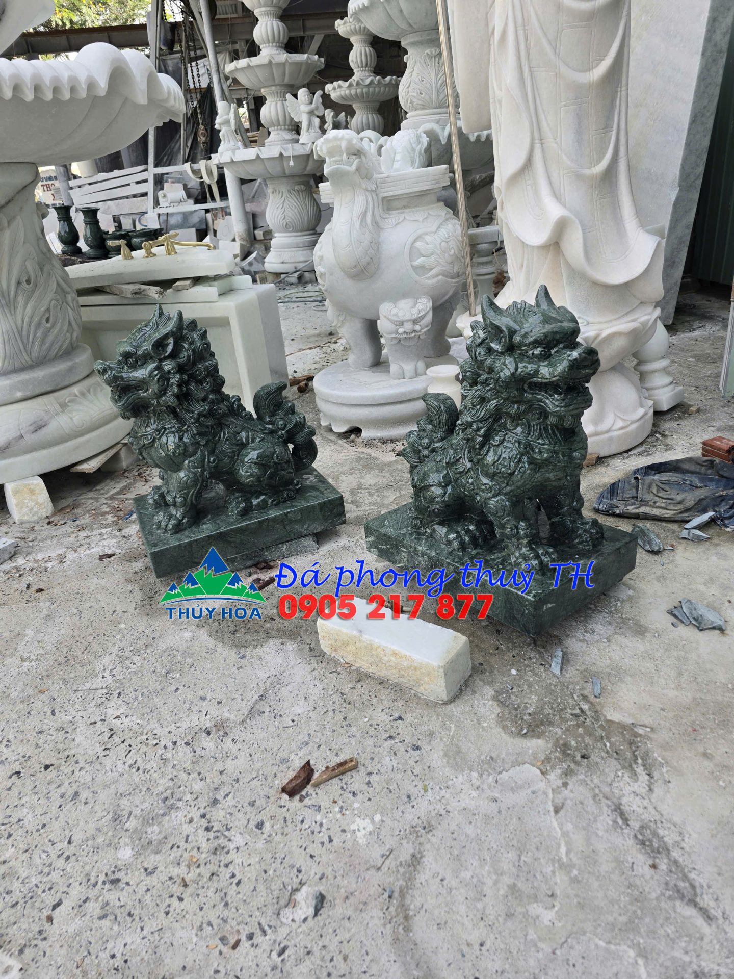 Cặp tượng Kỳ Lân phong thủy đá ngọc Ấn Độ gác cổng, để mộ – Cao 68cm