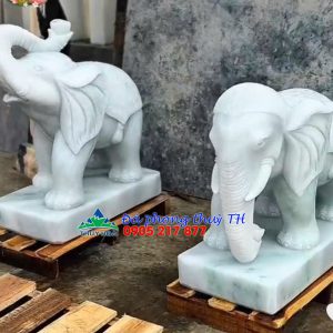 Cặp voi phong thủy vòi lên và xuống đá cẩm thạch trắng - Dài 60cm
