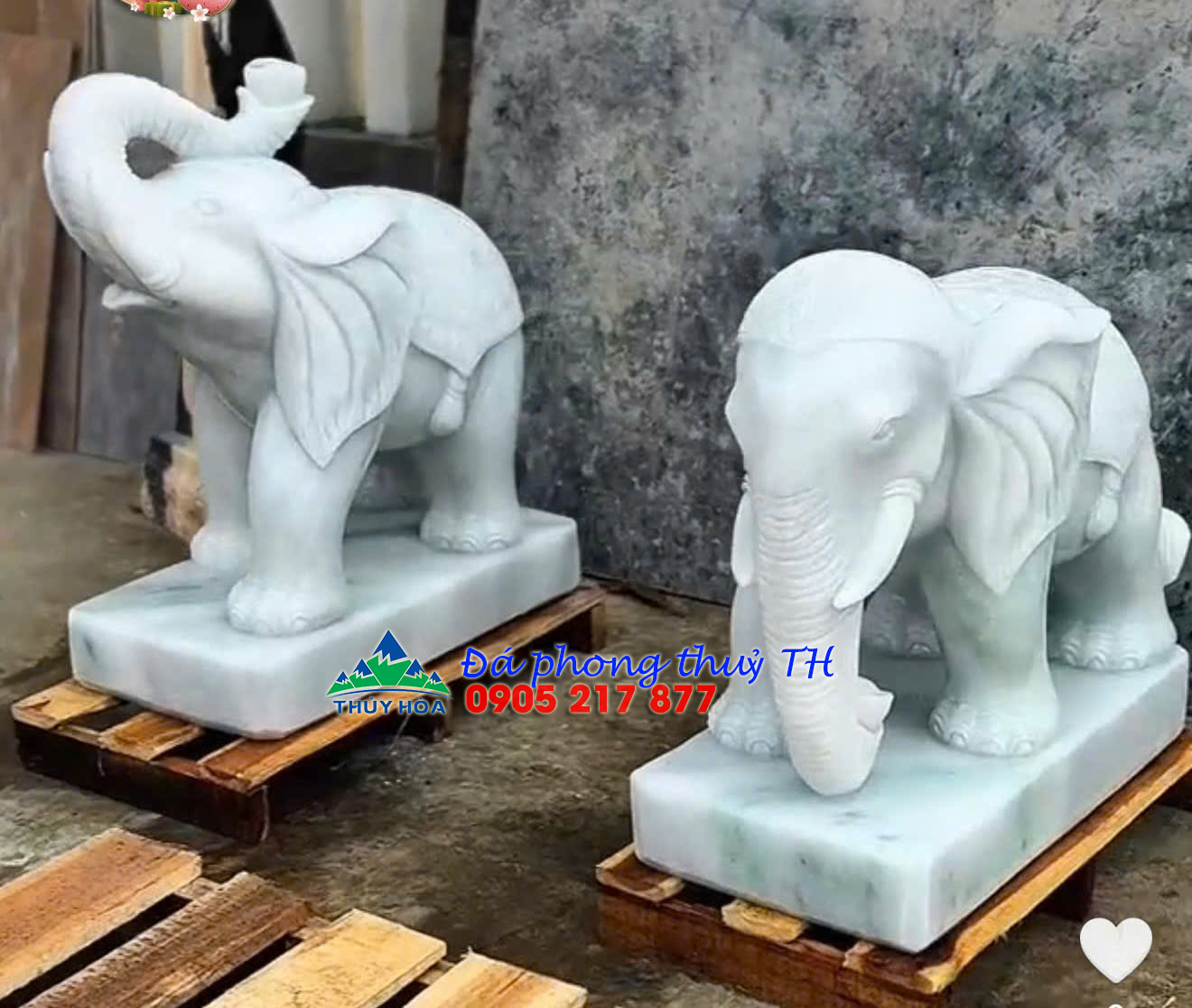 Cặp voi phong thủy vòi lên và xuống đá cẩm thạch trắng – Dài 60cm