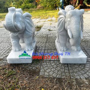 Cặp tượng voi cõng gậy như ý và bình hồ lô phong thủy đá cẩm thạch trắng - Dài 60cm