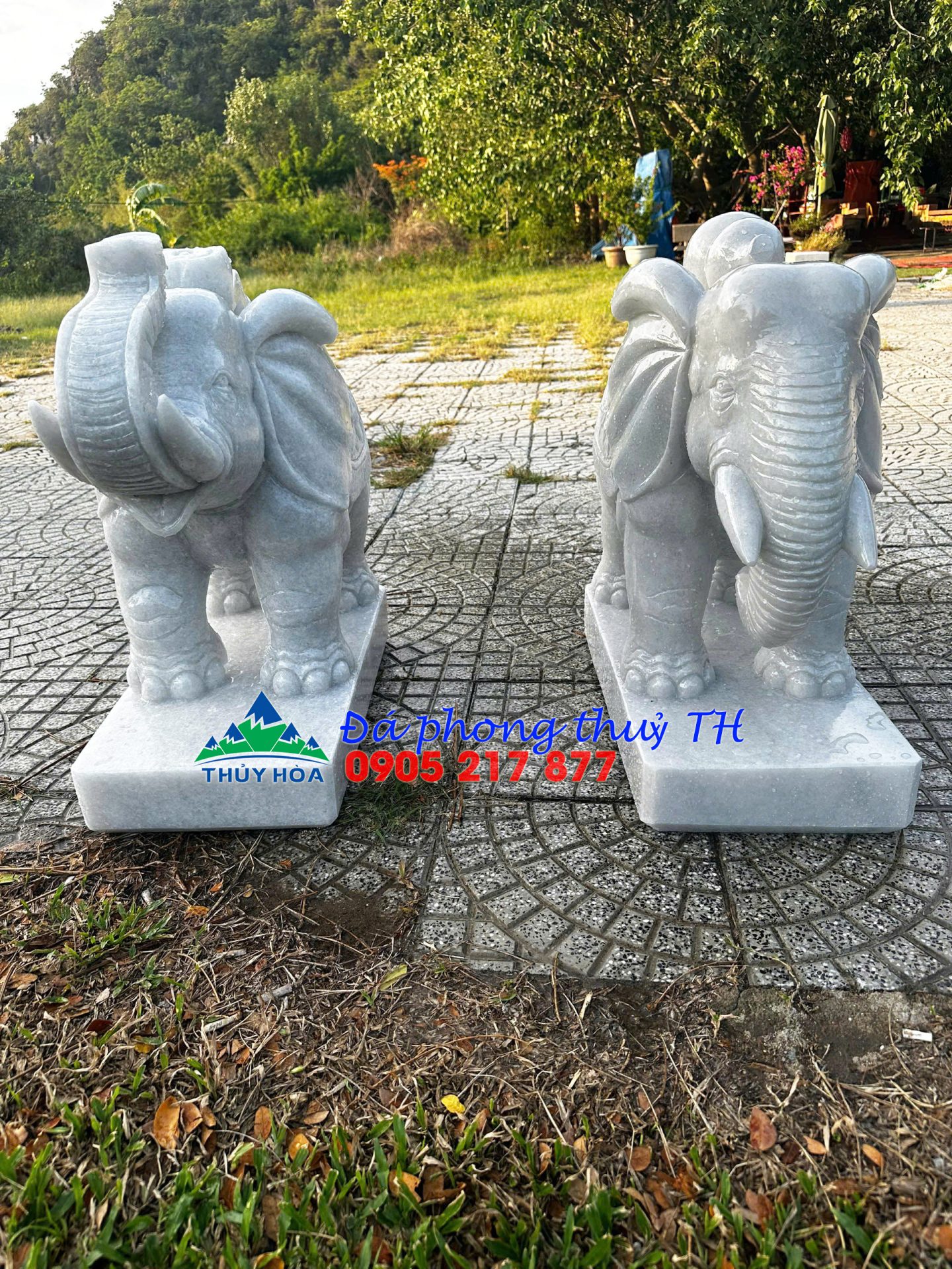Cặp tượng voi cõng gậy như ý và bình hồ lô phong thủy đá cẩm thạch trắng – Dài 60cm