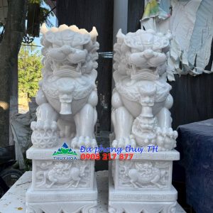 Cặp tượng Kỳ Lân đá cẩm thạch trắng phong thủy gác cổng nhà, đình, miếu - Cao 1m2