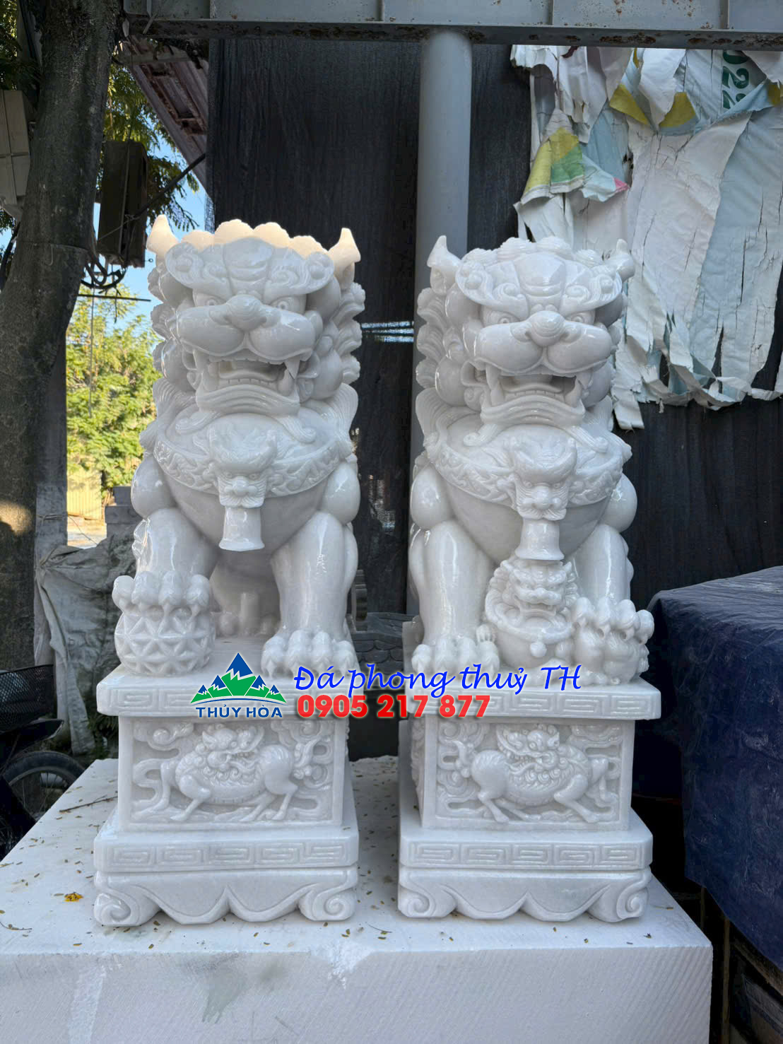 Cặp tượng Kỳ Lân đá cẩm thạch trắng phong thủy gác cổng nhà, đình, miếu – Cao 1m2